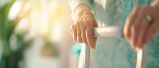 Elderly hands gripping a walker, symbolizing support, resilience, and the journey through aging, amidst a soft and warm indoor atmosphere.