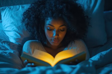 A cinematic shot of an African American woman with curly hair laying in bed reading. The room is dark, and the yellow glow from her book illuminates her face. 