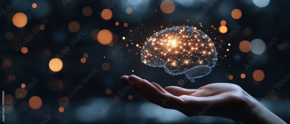 Poster a hand holding an artificial intelligence brain, surrounded by glowing data points and symbols repre