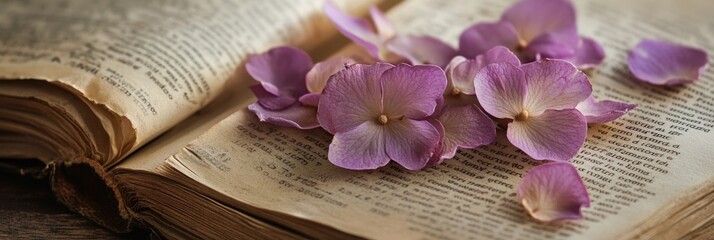 Pressed flowers texture in a vintage book, delicate petals flattened against the pages