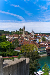 Scenic view of the old town of City of Baden at famous fun fair named Badenfahrt on a sunny summer...
