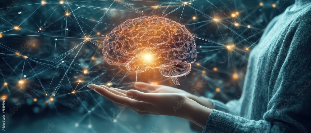 Poster a person holding out their hand with an ai brain floating above it, surrounded by glowing digital co