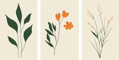 Naklejka premium Three minimalist plant designs featuring a harmonious green and orange color palette on white backgrounds.