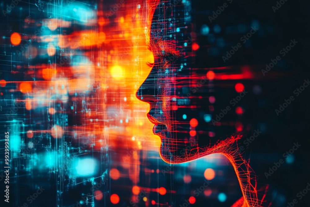 Poster glowing digital silhouette of a person embedded in a matrix of data streams symbolizing the integrat