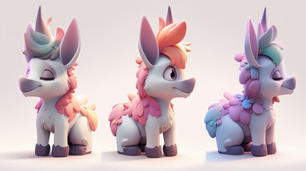 Cute Cartoon Unicorn  D Render   White Fur  Pink  Blue  Green   Fantasy Animal   Mythical Creature  Magical   Isolated   White Background    d Renderi