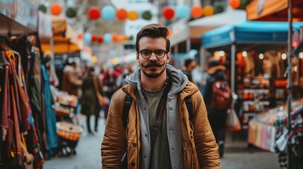 Fototapeta premium Stylish Man with Movember Mustache Walking through Vibrant Urban Market for Fashion and Lifestyle