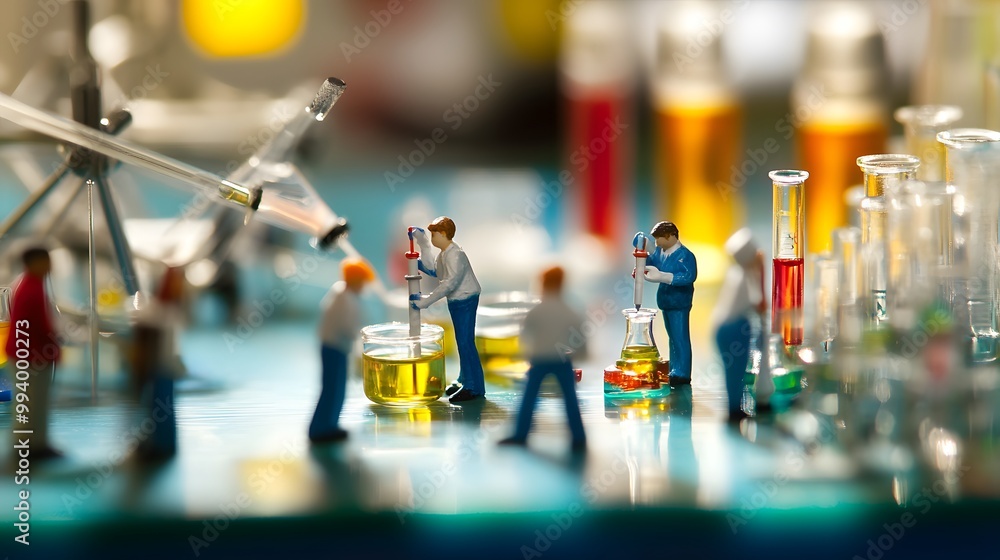 Poster miniature figures performing chemistry experiments in a laboratory setting