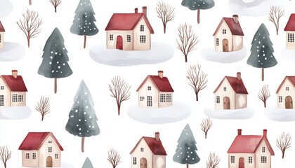 A charming snowy village scene with various cozy houses and trees on a white background.