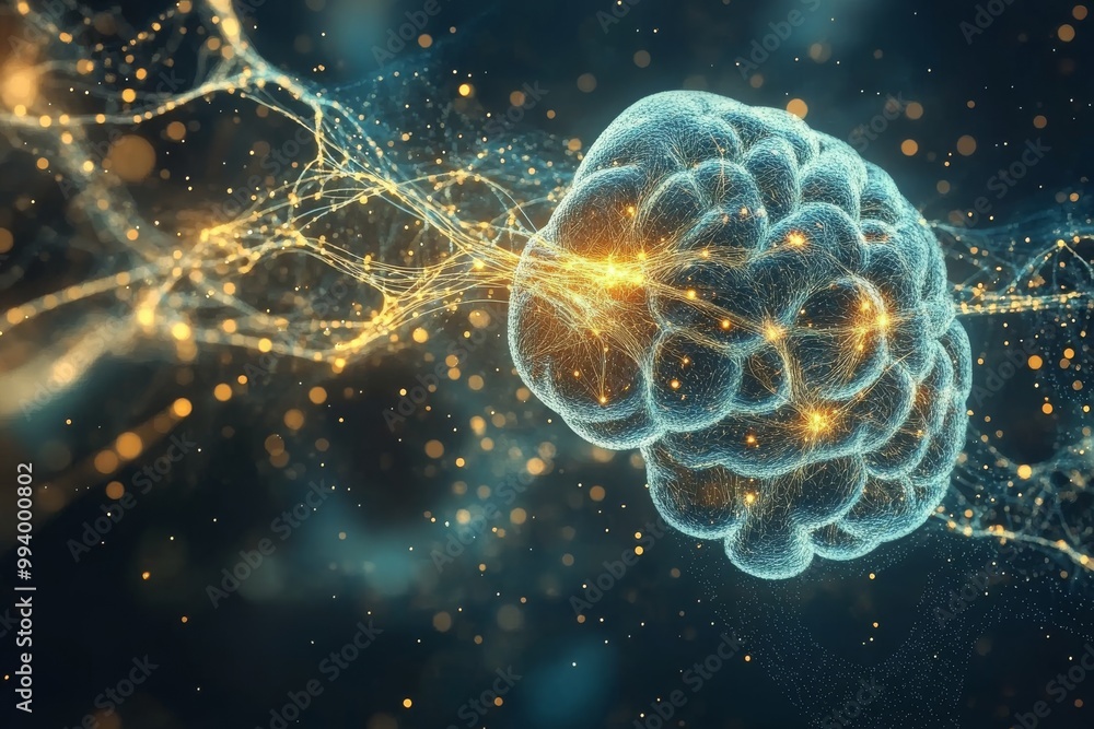 Poster glowing brain in a complex digital web symbolizing neural communication data processing and the futu