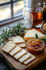 Close-up of crackers, cheese, and fig jam on a wooden cutting board.