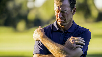 Golf player with elbow ,shoulder and lower back injury at golf course .