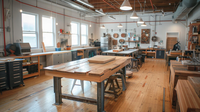 A collaborative art studio with shared workstations, large communal tables, and tools for sculpture, painting, and digital design.