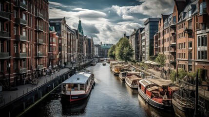 Fototapeta premium Hamburg cityscape with canal and gondola, Hamburg, cityscape, canal, gondola, Germany, waterway, boats, architecture