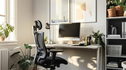 A compact home office setup in a small apartment, featuring a space-saving desk, ergonomic chair, and a few personal decor items to create a functional workspace.