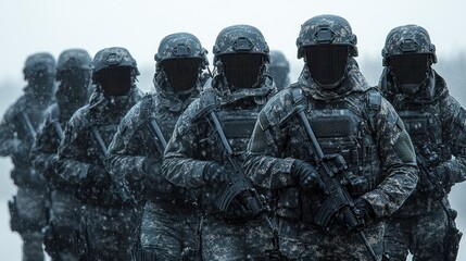 A group of soldiers advances through snow, showcasing their skills in harsh conditions
