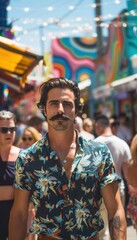 Obraz premium Stylish Man in Colorful Urban Street with Vibrant Murals - Perfect for Fashion and Urban Photography