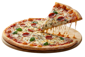 A slice of pizza with a stretchy cheese