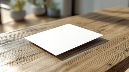 Fototapeta premium A blank sheet rests on a wooden table, illuminated by gentle sunlight in a cozy room