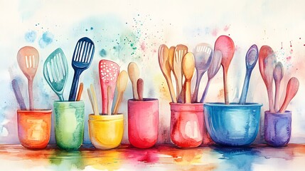 Watercolor Artistic using soft, brushy watercolor strokes, Single object picture Kitchen â€“ an array of colorful kitchen utensils displayed on the counter