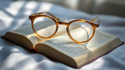 Glasses resting on an open book, illuminated by soft light.