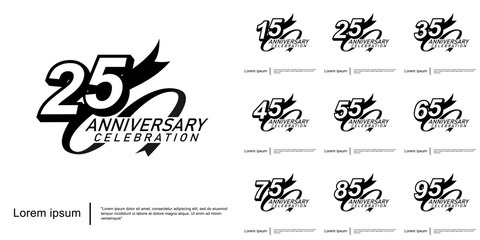 Set of 15-95 years anniversary celebration emblem. black logo isolated with ribbon on white background. vector illustration template design for web, flyers, poster, greeting card and invitation card