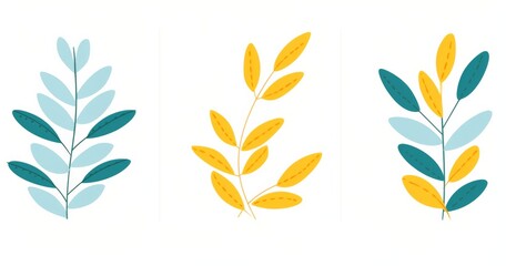 Set of three minimalist vector graphics featuring plant designs in flat yellow and teal colors against a white background.