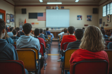 Fototapeta premium Landscape view of student in classroom, Student in morning talk room, Classroom with projector screen and lecture table.