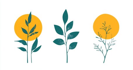 Set of three minimalist vector graphics featuring plant designs in flat yellow and teal colors against a white background.