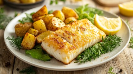 Filete de pescado dorado servido con papas asadas y decorado con hierbas frescas. Una rodaja de limón acompaña el plato para realzar el sabor del pescado.