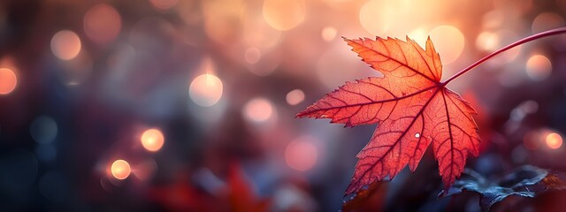 Fototapeta premium A close-up of an autumn maple leaf, with the background blurred and a bokeh effect creating a warm atmosphere
