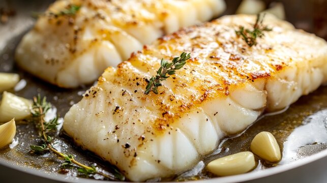 Filetes de bacalao dorados en una sart&eacute;n con ajo y tomillo fresco, ba&ntilde;ados en mantequilla derretida. El plato tiene una textura jugosa y crujiente al mismo tiempo.