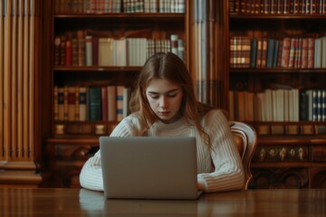 A young woman is sitting at a desk with a laptop open in front of her