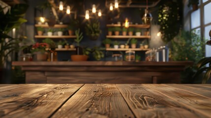 Fototapeta premium A beautifully arranged wooden countertop with plants in a cozy indoor space, adorned with warm lighting and a stylish atmosphere.