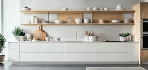 Modern kitchen interior with minimalist design, featuring a white cabinetry, wooden shelves, and stylish tableware. Perfect for culinary inspiration and home decor aesthetics.