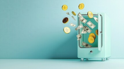 Obraz premium Digital Theft - Bitcoin and Cash Stolen from Safe, Pastel 3D Illustration