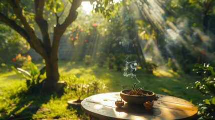 Obraz premium Tranquil Garden with Incense and Sunlight: Natural Serenity for Meditation and Relaxation