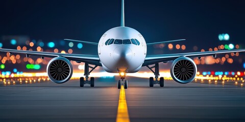 Fototapeta premium Airplane Taxiing on Runway at Night with City Lights