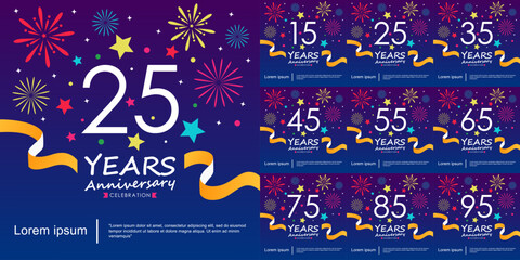Naklejka premium Set of 15-95years anniversary celebration logo isolated with Ribbon, Stars and Fireworks sparkle twinkle. vector illustration template design for web, flyers, poster, invitation card, greeting card