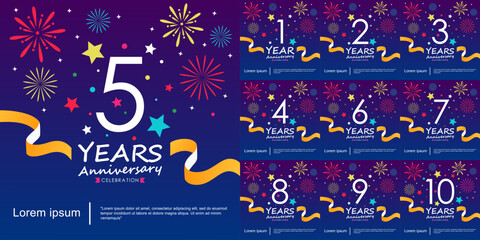 Set of 1-10 years anniversary celebration logo isolated with ribbon, stars and fireworks sparkle twinkle. vector illustration template design for web, flyers, poster, invitation card, greeting card