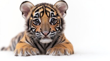 Fototapeta premium A young tiger relaxes with a curious expression, showcasing its striking coat