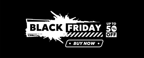 Flat style sale promotion creative design of black friday label with 50% off. Vector black friday sale illustration with white bold type text on dark background