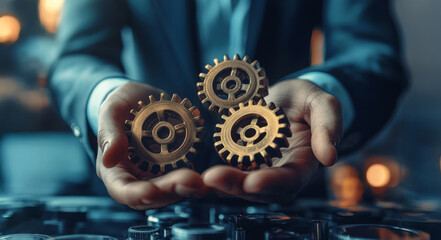 Precision in Motion: A businessman carefully cradles three intricately detailed golden gears, symbolizing precision, collaboration, and the intricate workings of a successful enterprise.