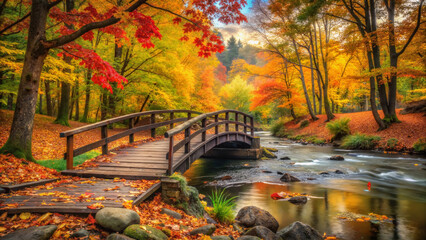 Wooden bridge over calm autumn stream with vibrant fall foliage in peaceful forest landscape