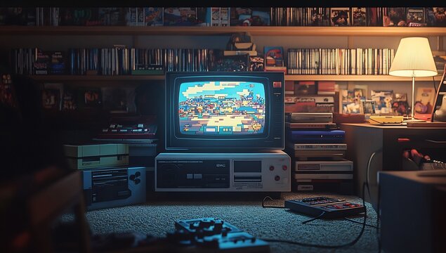 a classic 90s scene with an old CRT television displaying an 8-bit game