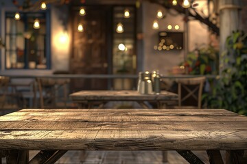 A rustic wooden table in a charming outdoor setting illuminated by warm lights, perfect for gatherings and relaxation.