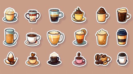 Coffee stickers and barista characters.Coffee makers, kettles, brewing, arabica coffee, glass,espresso,cappuccino, beans.Graphic doodle minimalist retro icons.Coffee shop patches