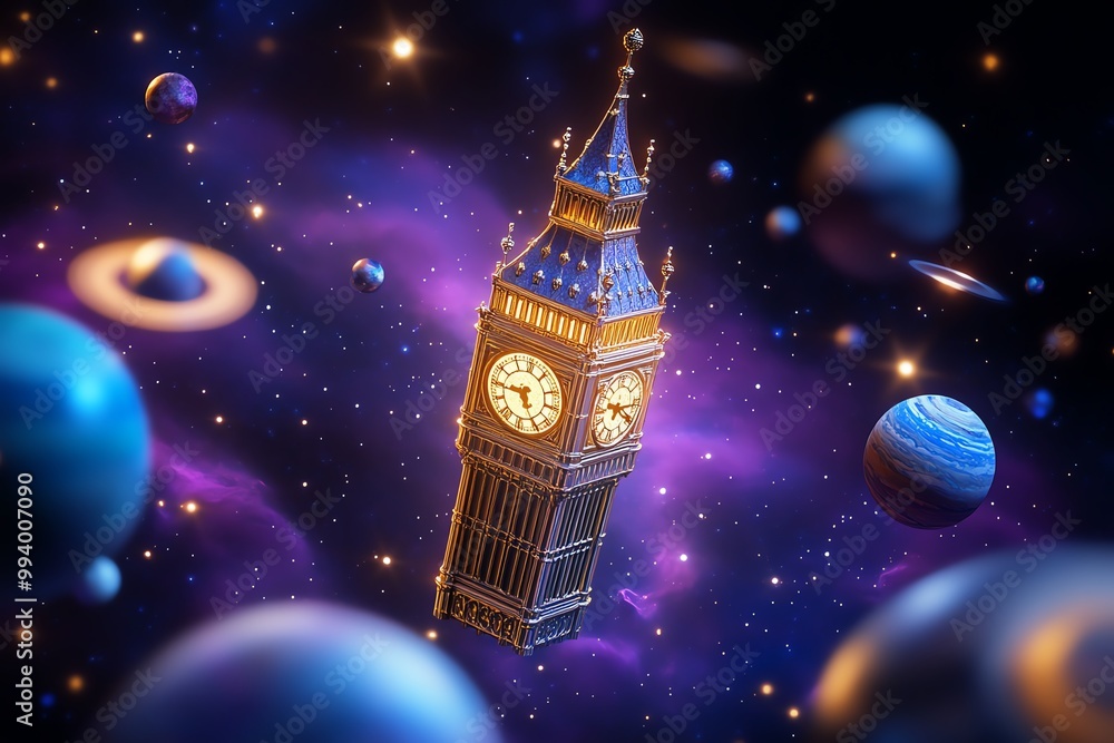 Poster a floating clock tower drifting through space, surrounded by planets and stars. the tower glows with