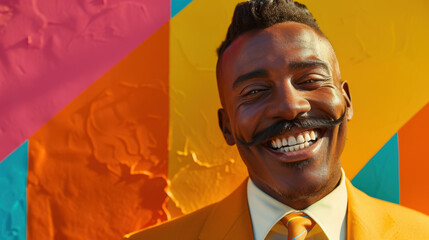 Colorful Advertisement for Barbershop Featuring Happy Man with Groomed Mustache - Poster Design Idea