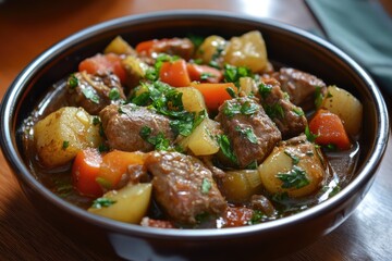 A bowl of hearty stew with beef, potatoes, and carrots. This photo is perfect for illustrating a recipe for beef stew or showcasing a comforting and delicious meal.