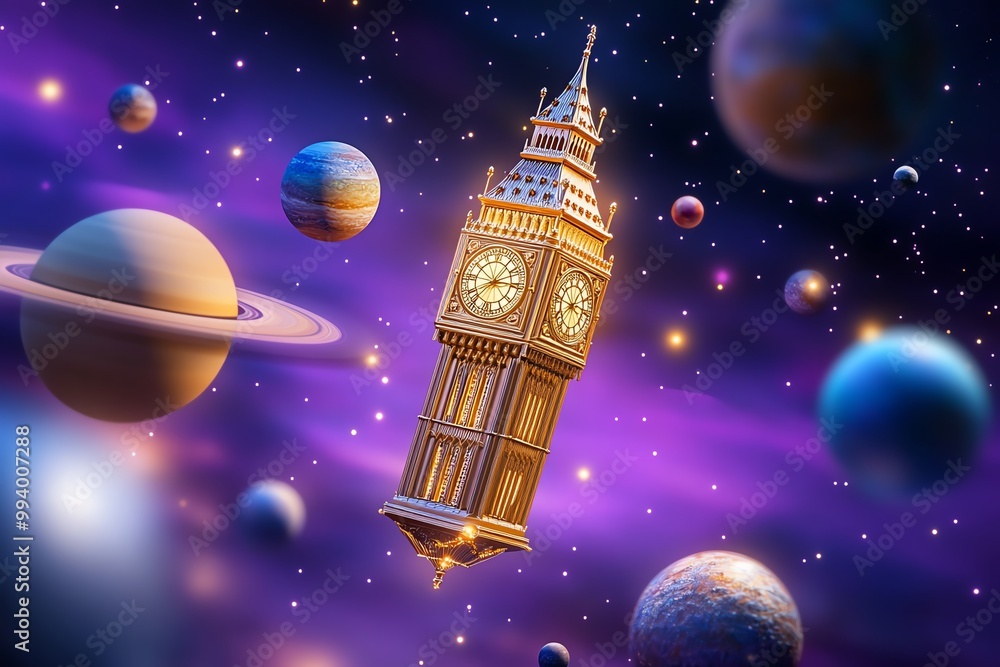 Poster a floating clock tower drifting through space, surrounded by planets and stars. the tower glows with